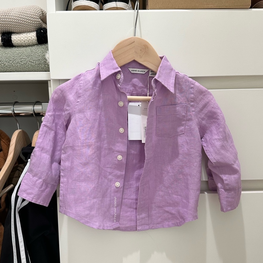 NWT Janie and Jack Lavender Linen Button Down Shirt 6-12 Months